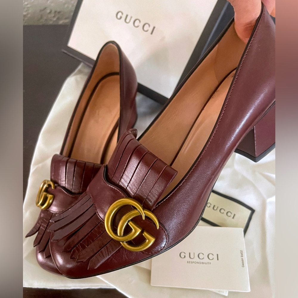 Gucci Malaga Kid Mid-Heel Pump in Vintage Bordeaux Sz 37.5M